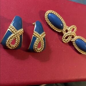 Gold Rope-Trim Blue Clip Earrings and Brooch Set